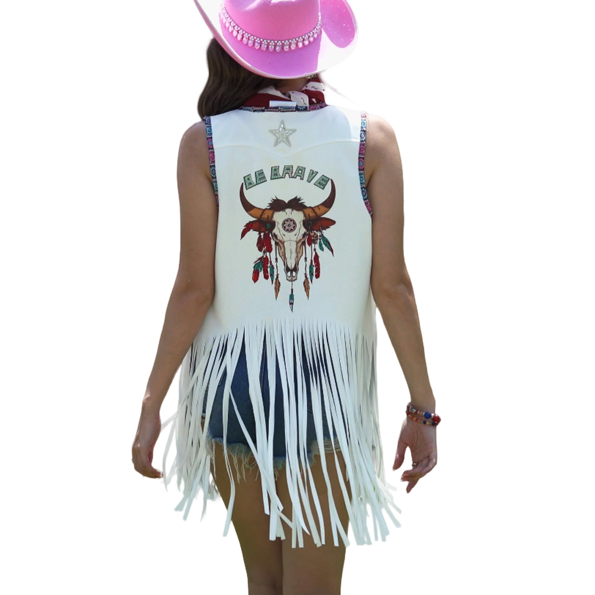 Pixiemain Women Tassel Sleeveless Rhinestone Cowgirl Vest 70s Hippie Faux Suede Fringe Jacket