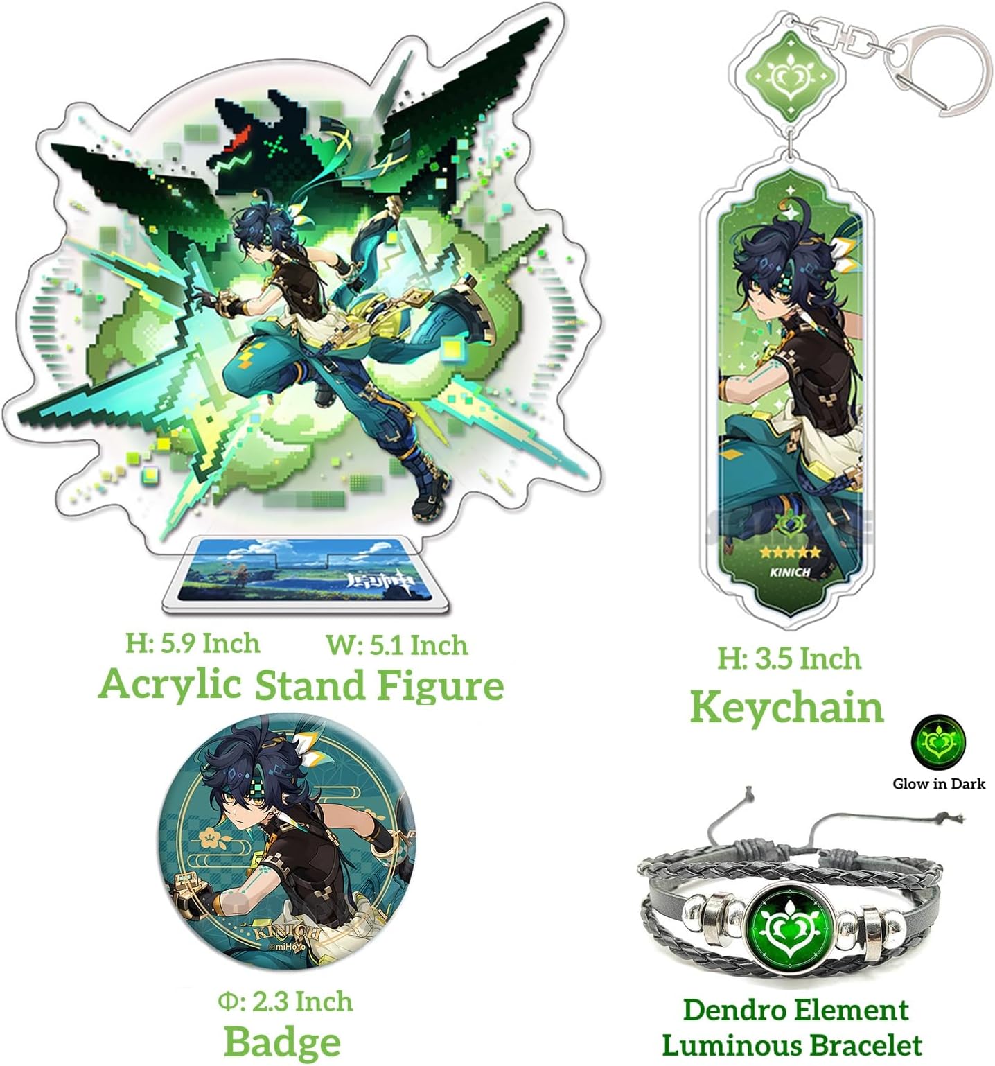 MOTAO Genshin Impact Box Kinich Merch Set - Plush Doll, Poster, Pillowcase, Stand Figure, Bracelet, Badge, Keychain, Card Holder, 30 Lomo Cards, 50 Stickers(Kinich)