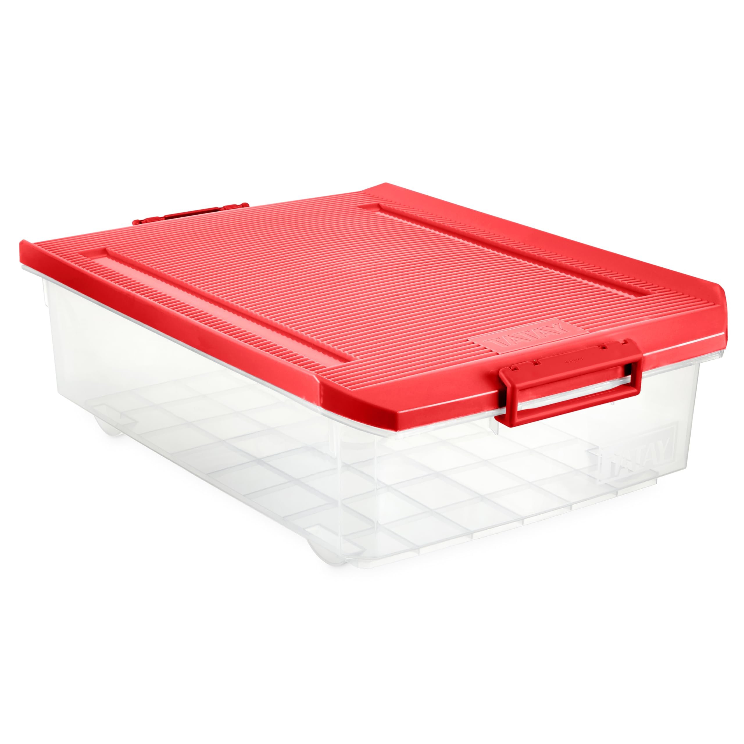 TATAY Plastic Storage Box with Lid 32L Underbed - Classic | Lid with Hinges Included | Ergonomic ABS Handles | Integrated Wheels | Durable Design | BPA Free Plastic | 40x57x18 cm, Red