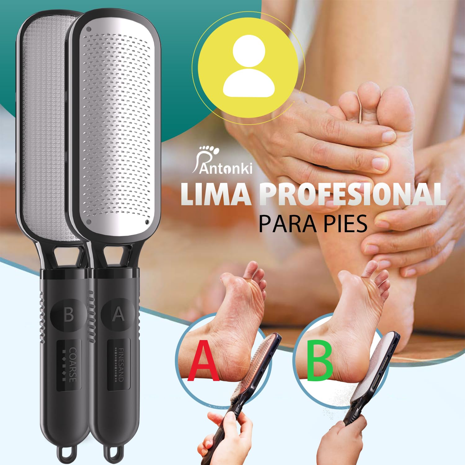 Antonki Lima Pies Durezas Profesional - Raspador Doble Textura para Eliminar Callos y Talones Agrietados, Acero Inoxidable Antideslizante con Mango Ergonómico - Pedicura Manual en Casa