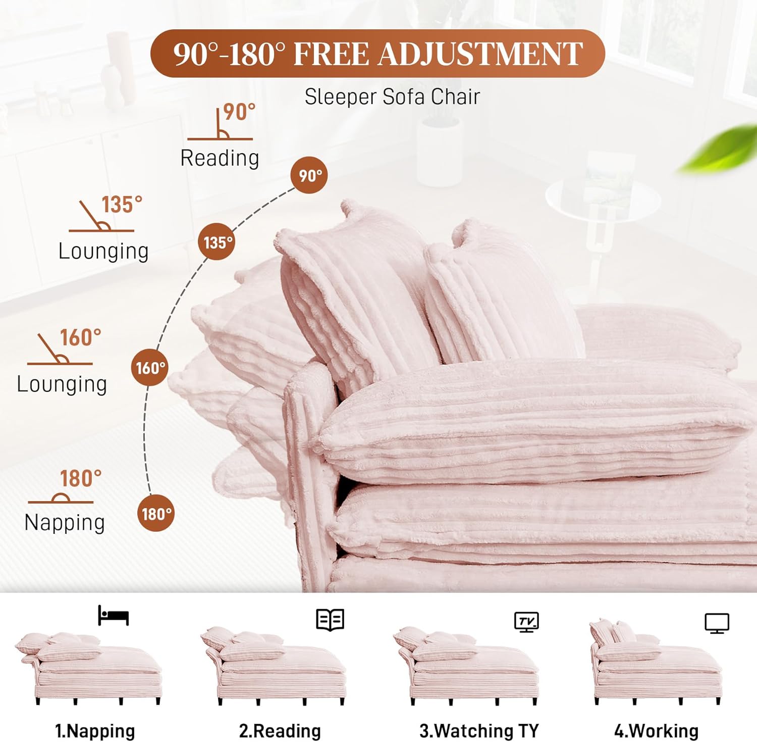 Rophefx 101" W Oversized Double Chaise Lounge Chair Indoor, Upholstered Corduroy Sofa Couch with 6 Pillows, 90°-180°Adjust, Fluffy Reading Chair, Cloud Sleeper Sofa Bed for Living Room Bedroom, Pink