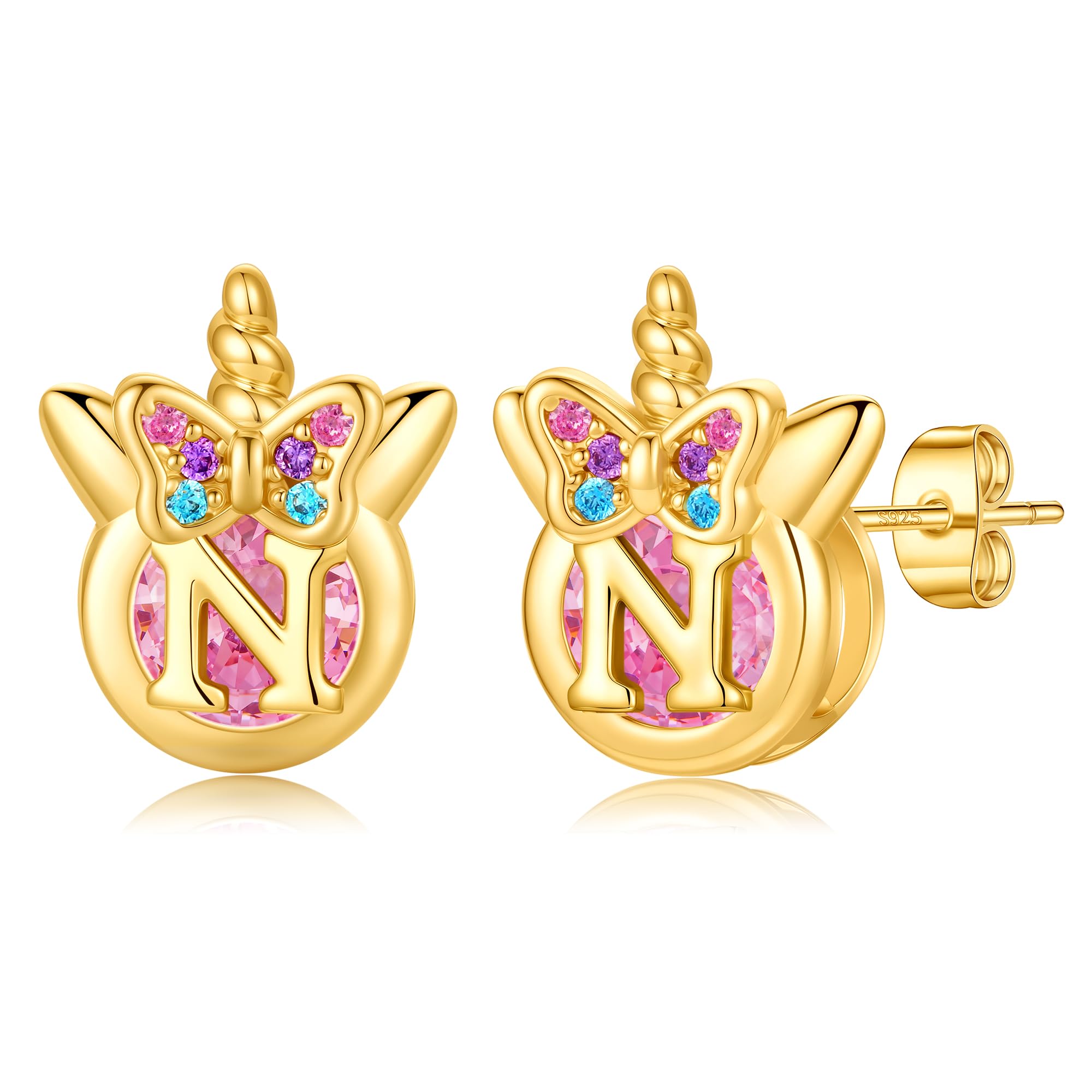 TINGN Einhorn Ohrringe für Mädchen Geschenke - Hypoallergene Bunte Regenbogen Rosa Zirkonia Buchstaben Ohrstecker Blumen Schmetterling Silber 925 Ohrringe Kinder Schmuck Geschenke für Mädchen Tochter