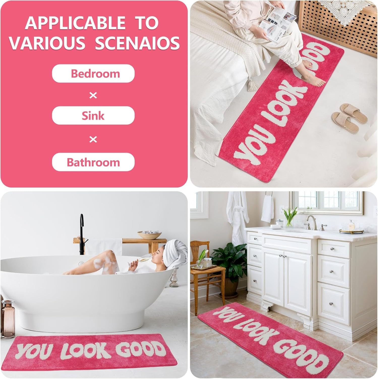 Alfombra de baño Larga antideslizante 20x60 pulgadas, para bañera, ducha y dormitorio, divertida decoración de baño, Rosa, 51x81 cm (oblungo)