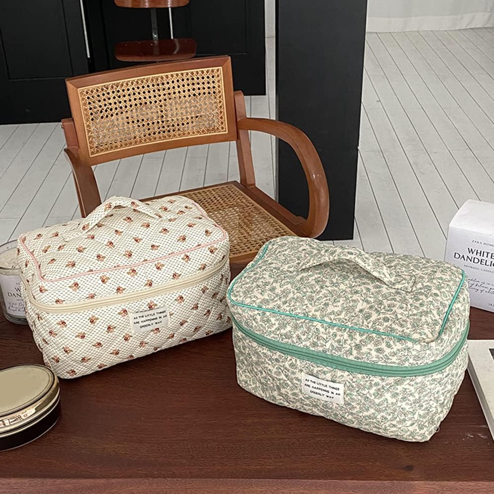 Juoxeepy Cotton Makeup Bag Large Travel Cosmetic Bag Quilted Cosmetic Pouch Coquette Aesthetic Floral Toiletry Bag