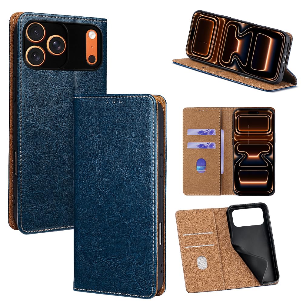 For iPhone 18 Pro Max/iPhone 17 Pro Max ケース 本革 手帳型 For アイフォン18 プロ マックス 牛革 カバー 上品 レザー 横置きスタンド機能 カード収納 2枚 人気 マグネット搭載 耐衝撃 全面保護 シンプルカバー 便利 ハンドメイド 高質感牛革 おしゃれ 汗や指紋防止 肌触り良い 360度保護 男女兼用 COCOCLOUD ブルー01