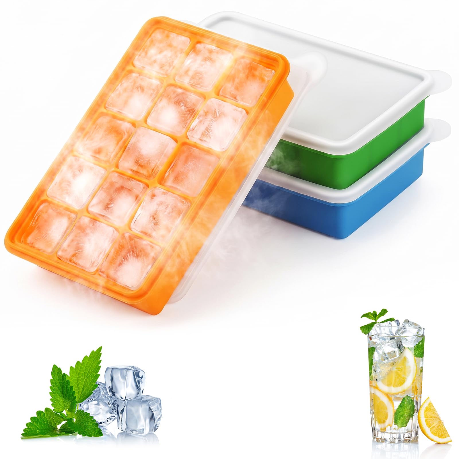 3 Pezzi Stampi per Ghiaccio in Silicone, 15 Cubetti Ghiaccio con Coperchio, Senza BPA e Impilabile, per Whisky, Cocktail, Cioccolato, Puree di Frutta, Facili da Rimuovere