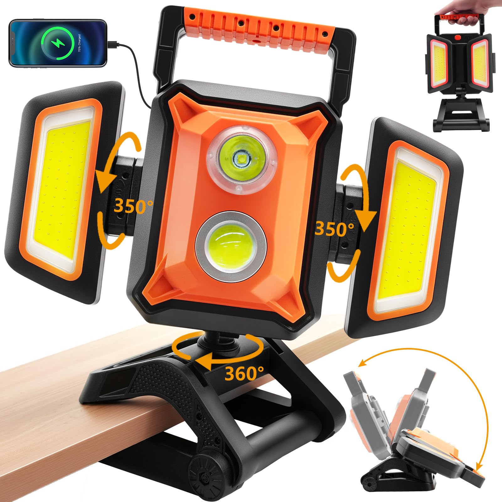 Tresda 4000LM LED Work Light Rechargeable with Clamp, 40W Magnetic