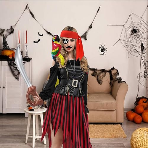 Miniatura 7 de FUEAWIM 6 accesorios piratas incluyen loro pirata hombro, parche de ojo de pirata, bandana, aretes de espada y bigotes falsos, disfraz de pirata de