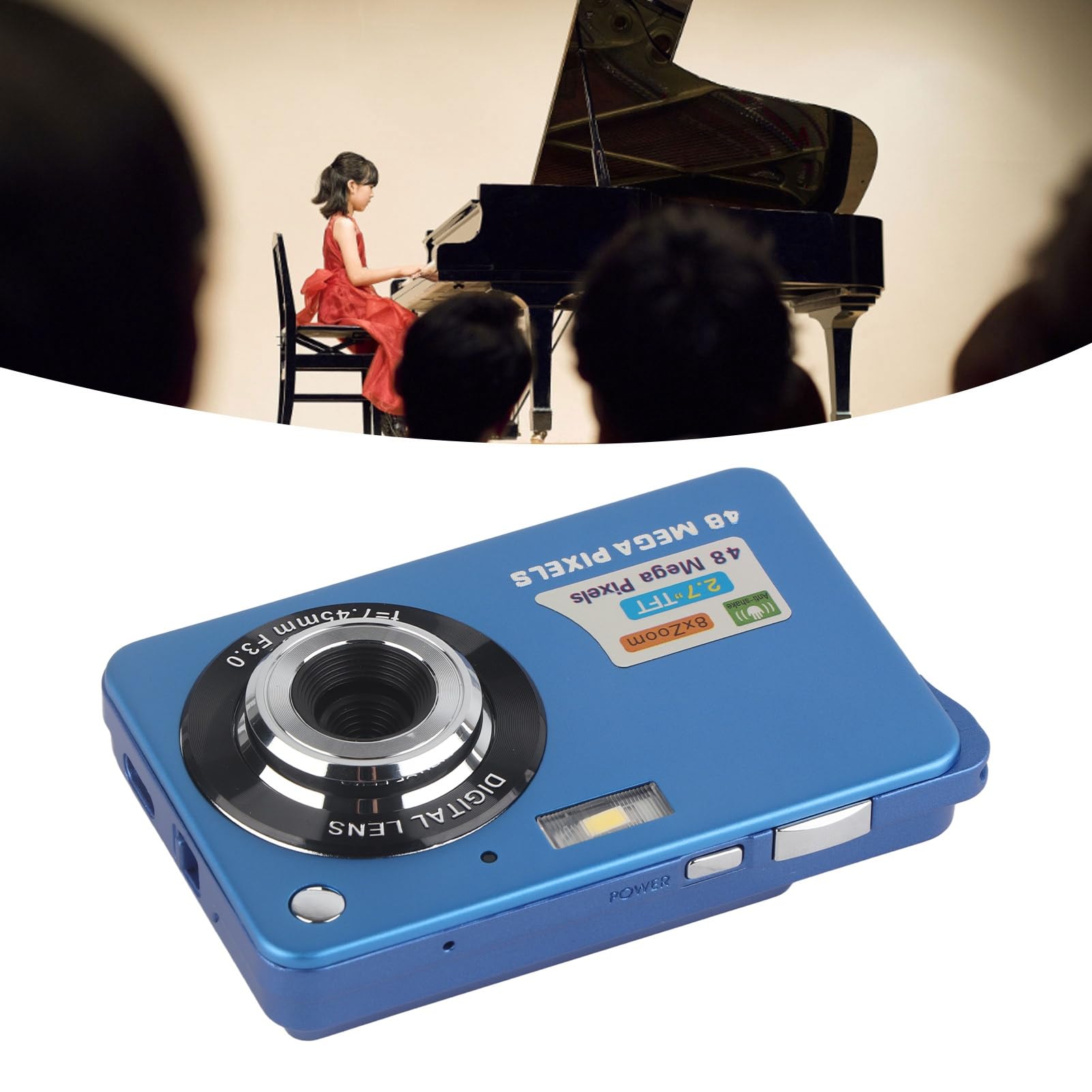 Cámara Digital 4K, 1080P FHD 44MP con Pantalla LCD de 2,7", Zoom de 8X Cámara Compacta, Cámara Portátil Antivibración con Cordón y Bolsa para Niños, Estudiantes y Principiantes (Azul)