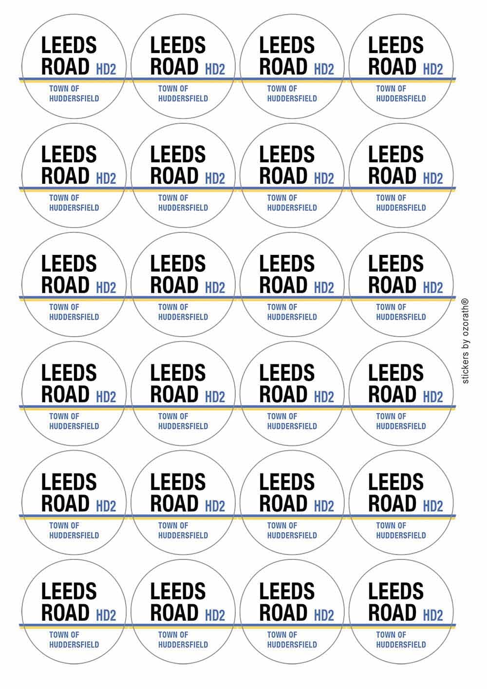 Leeds Road Town of Huddersfield HD2 Road Sign Circular Matt Paper Stickers A4 Sheet of 24 (Each Sticker is 45mm Diameter)
