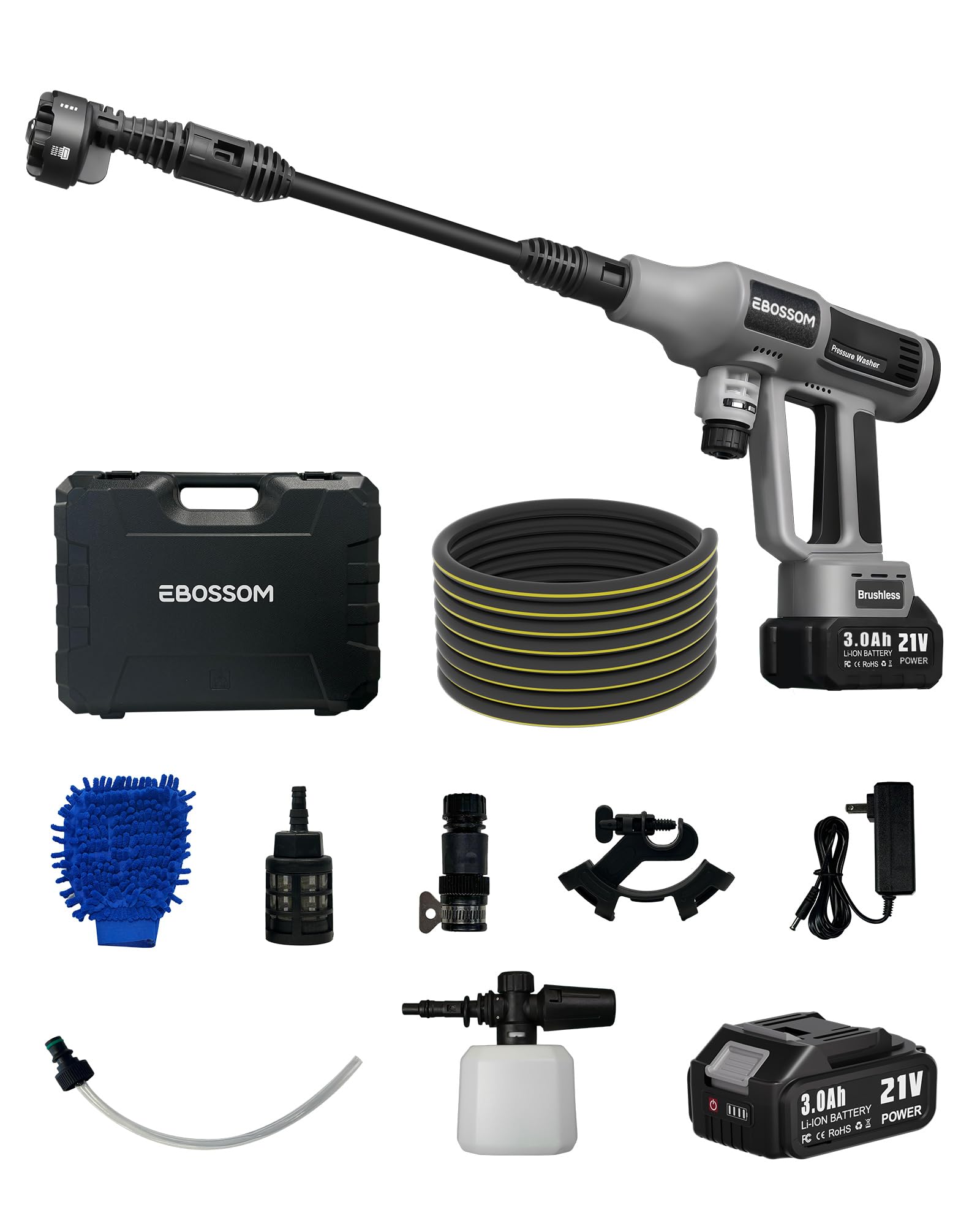 Idropulitrice a Batteria 65Bar, Pistola Pulitore ad Alta Pressione Portatile Jet Mobile Nozzle Regolabile 6-in-1 per Lavaggio Auto Giardino Prato e Irrigazione Piante Pressure Washer(2X 3Ah Batteria)