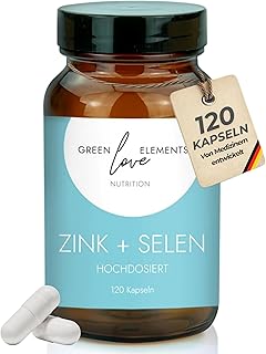 Zink + Selen Kapseln 25mg + 55 µg Hochdosiert - Vegan. In Deutschland hergestellt. Zinkgluconat- Für Haut, Haare, Nägel und Knochen. Für ein starkes Immunsystem. 120 Kapseln im Glas