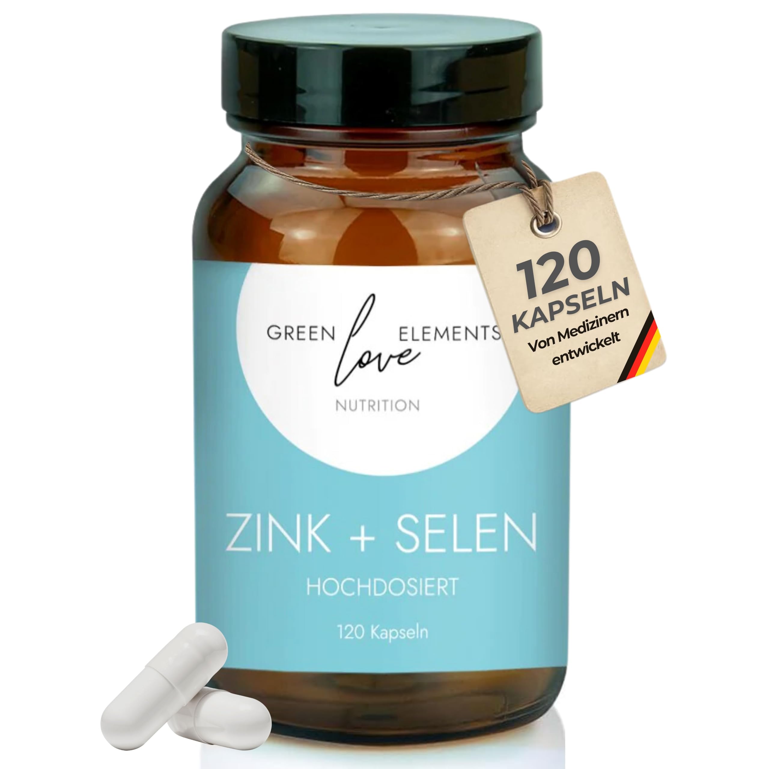 Zink + Selen Kapseln 25mg + 55 µg Hochdosiert - Vegan. In Deutschland hergestellt. Zinkgluconat- Für Haut, Haare, Nägel und Knochen. Für ein starkes Immunsystem. 120 Kapseln im Glas