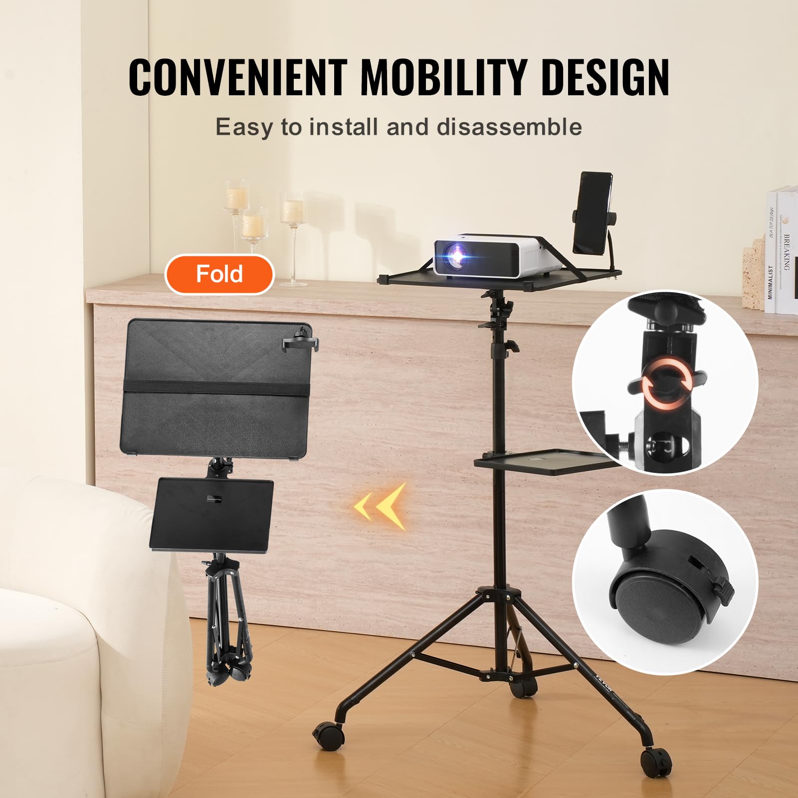 VEVOR Projektorständer mit Rädern Laptopständer-Stativ, höhenverstellbar von 795 bis 1710 mm, Projektor-Stativständer mit 2 Ablagen & Schwanenhals-Telefonhalterung, im Freien/Büro/Studio, zu Hause