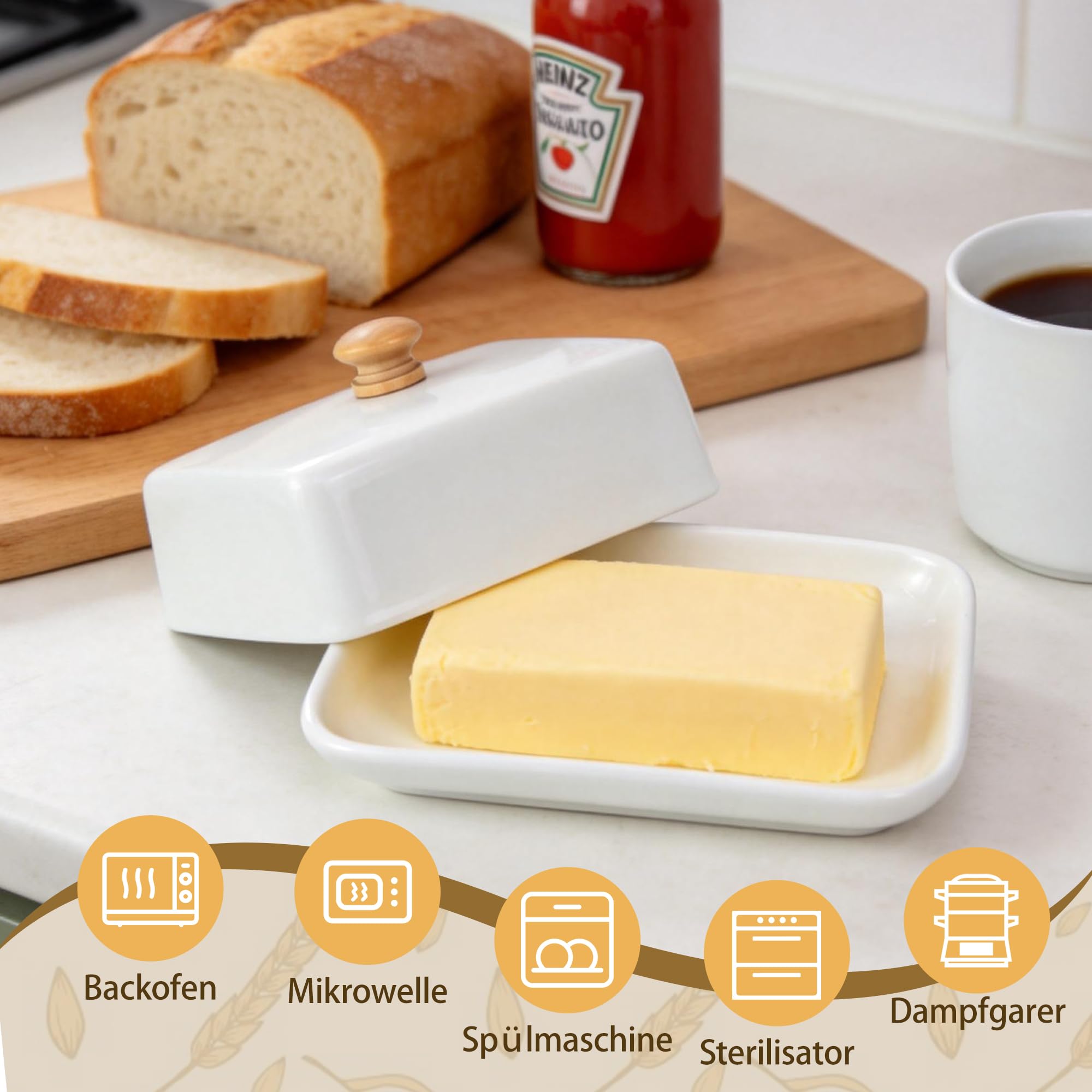 Butterdose Keramik, Weiß Butterdose mit Deckel für Kühlschrank & Tisch, Butterglocke für 250g Butter, Spülmaschinengeeignet Butterbox für Haushalt und Küche