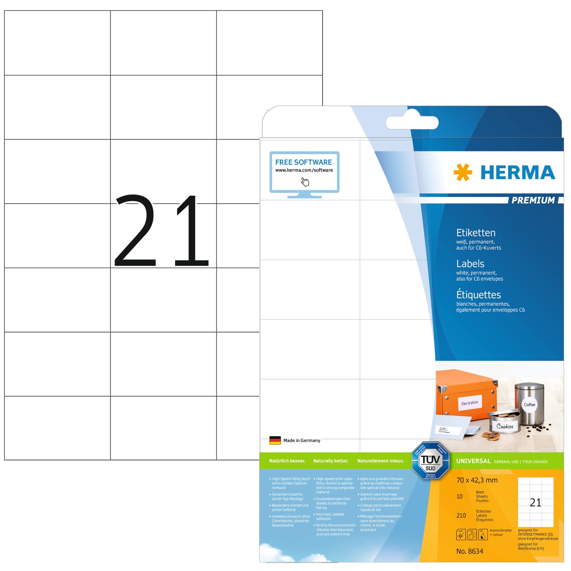HERMA Self Adhesive Address Labels, 21 Labels per A4 Sheet, 10 Sheets, 70 x 42.3 mm, 210 Labels, Blank Mailing Labels Stickers, Sticky Labels for Laser & Inkjet Printer, White