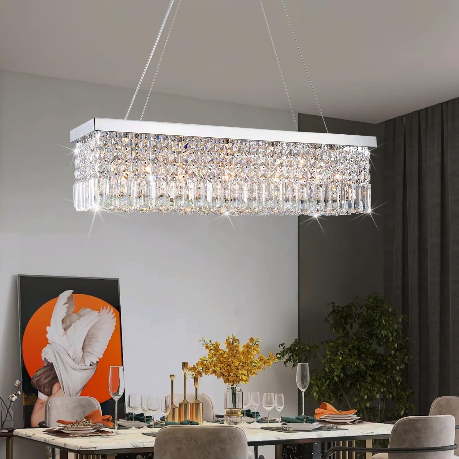 Photo 1 of Rectangular Chandeliers for Dining Room, Modern Rain Drop Chandeliers, Hanging Pendant Crystal Chandelier Light for Kitchen Island, Beautiful Ceiling Light Fixture for Cafes Office of CRYSTOP