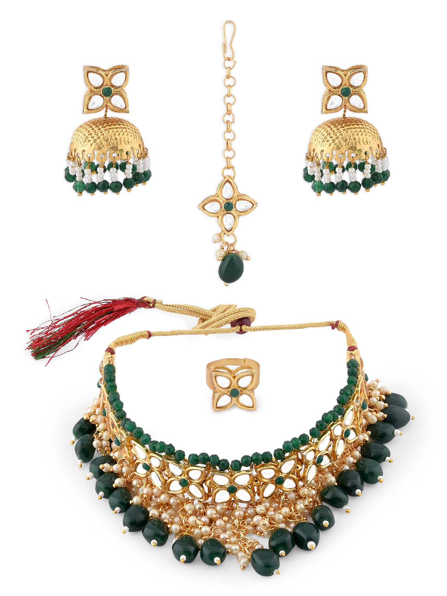 ZAVERI PEARLS Green Beads Ethnic Kundan Choker Necklace Earring Maangtikka & Ring Set For Women-ZPFK12147 (B09RFV7DJB) Amazon Price History, Amazon Price Tracker