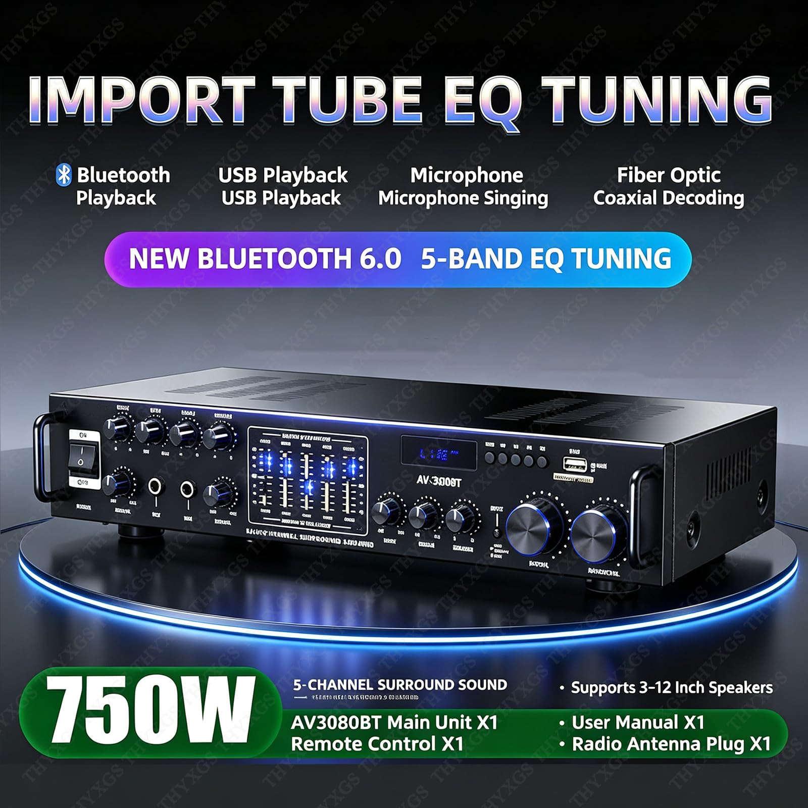 Amplificateur Bluetooth 6.0, Son Surround 5 Canaux | Décodage Optique/coaxial | Réglage Indépendant Des Tonalités (aigus/médiums/graves) | Processeur Audio Professionnel Intégré
