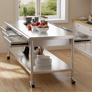 KINGBO Stainless Steel Table for Prep & Work with 6 Drawers 30 x 66 Inch