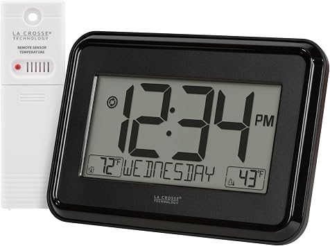La Crosse Technology 513-1412 Black Digital Wall Clock with Indoor & Outdoor Temperature