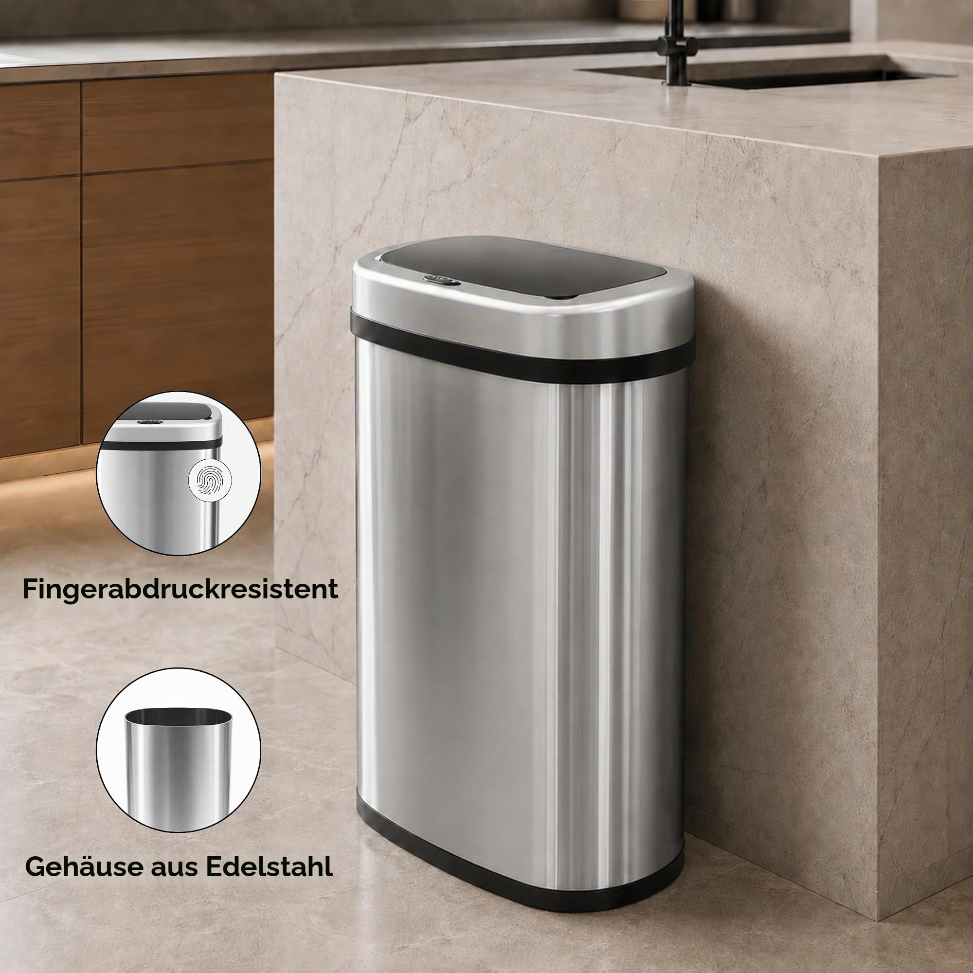 Five Stars® Abfalleimer mit Sensor - 60 Liter - Abfallbehälter aus Edelstahl - Mülleimer - Soft-close Deckel - Silber