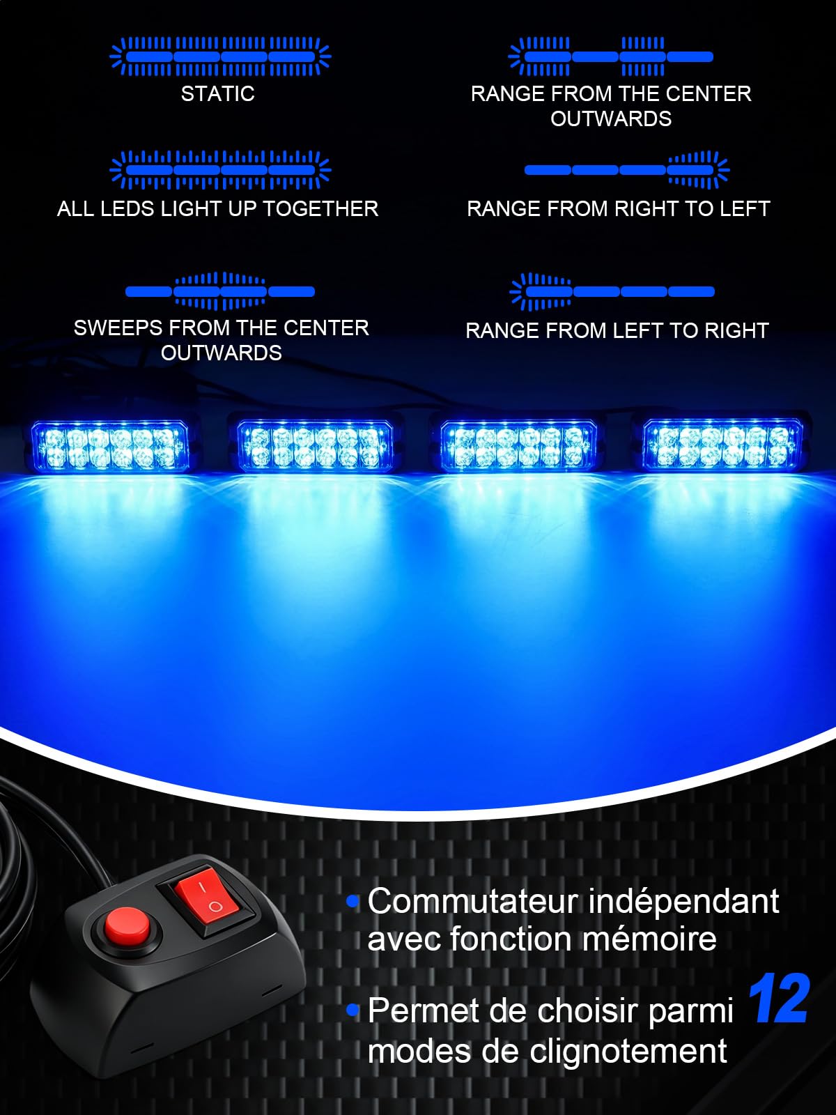 Dinfu 4 x 12 LED feux d'avertissement avant clignotants bleu, feux clignotants 12 V/24 V, 40 W feux clignotants avec 12 modes stroboscopiques rampe lumineuse pour voiture, camion, tracteur, véhicule
