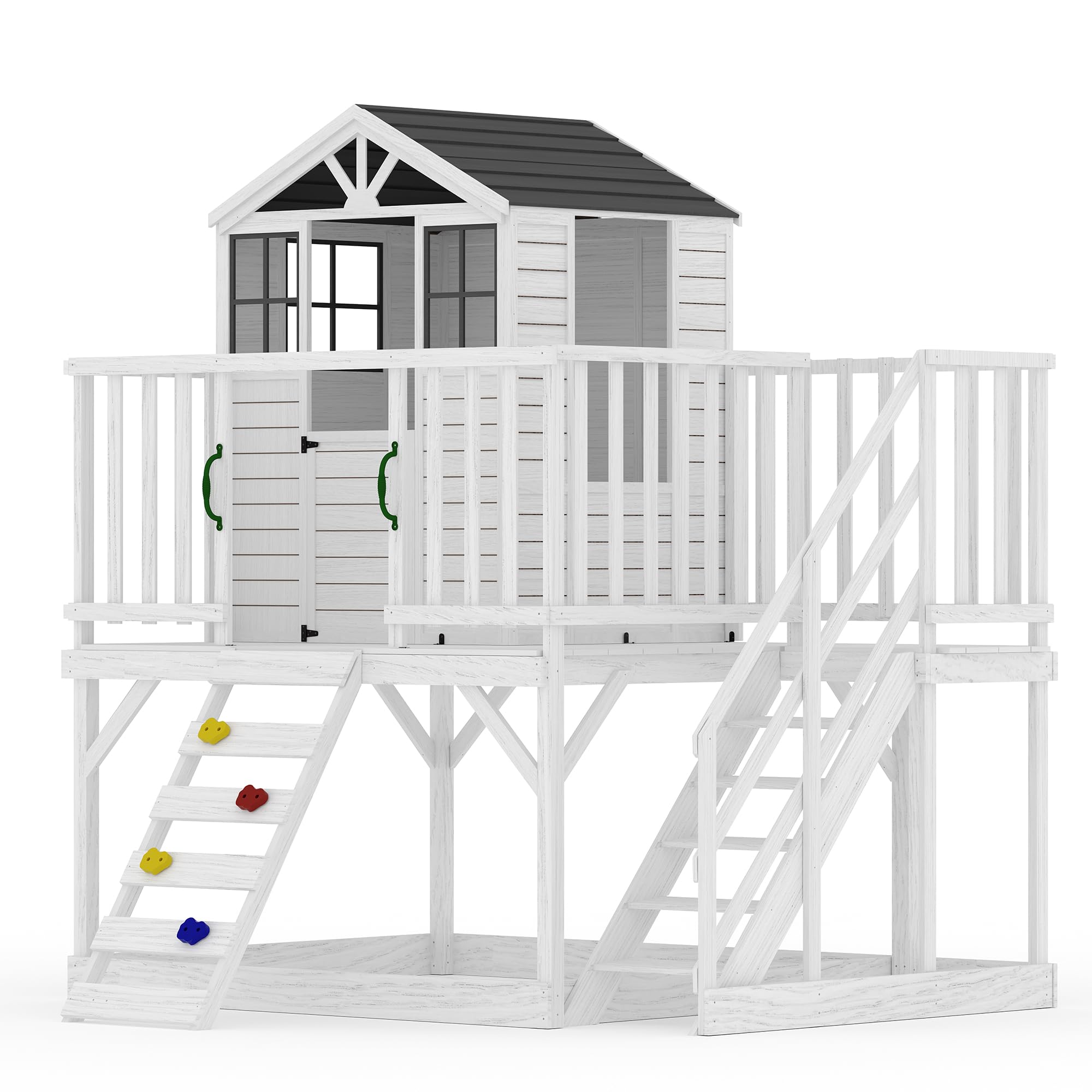 Photo 1 of *** BOX  C ONLY/MINOR DAMAGE/UNKNOWN, MISSING PARTS AND HARDWARE***2 Story Wooden Playhouse with Climbing Wall, Outdoor Wooden Playhouse with Step Ladder, Elevated Modern Cedar Playhouses Kids