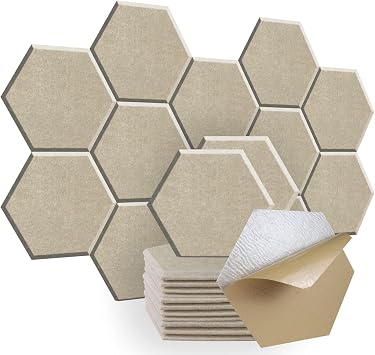 SHJADE 12 Pieces Hexagon Sound Absorbing Panels Self-Adhesive, 12" X 10" X 0.4"High Density Acoustic Panel, Stylish Acoustical Wall Padding Used in Home & OfficesCamel