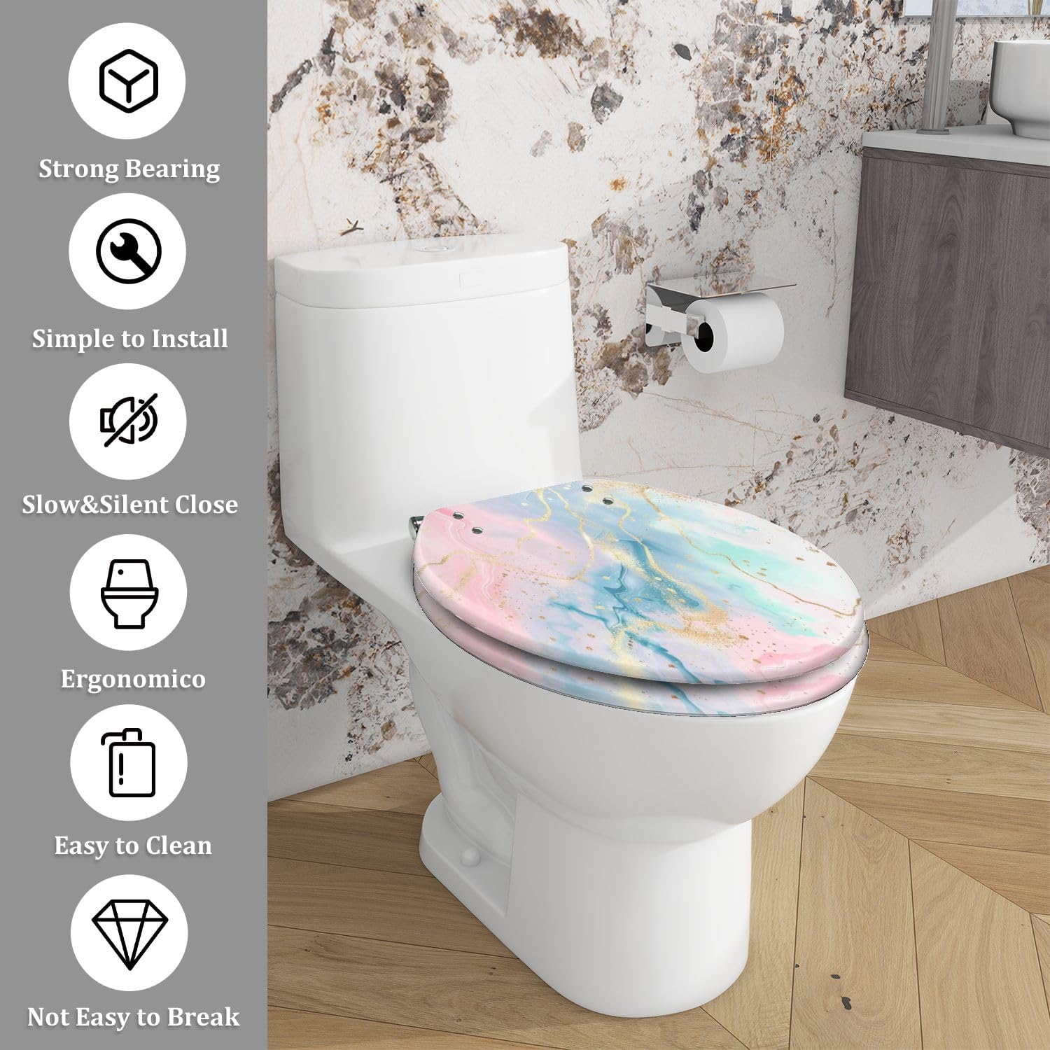 Elongated Toilet Seat Abstract two colored pink blue liquid marble gold foil Resin Toilet Seat Quietly Close Quick Release Hinges Decorative Toilet Seat with Cover Easy to Install