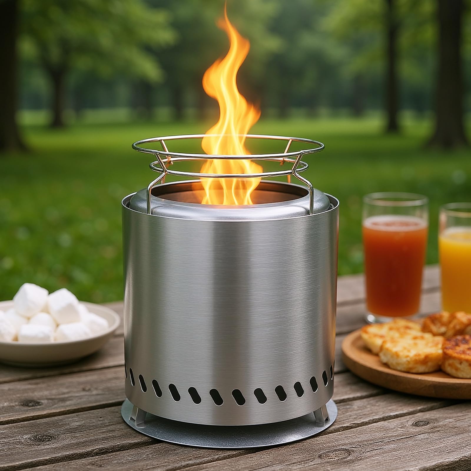 SMOOL 22cm Rauchfreier Tischfeuerkorb aus Edelstahl, Tragbarer Camping Feuerkorb für Outdoor & Terrasse, Inkl. Tragetasche, 2 Stöcken und Feuerfestmatte, Für Pellets & Holz (8.6 Zoll) - 1