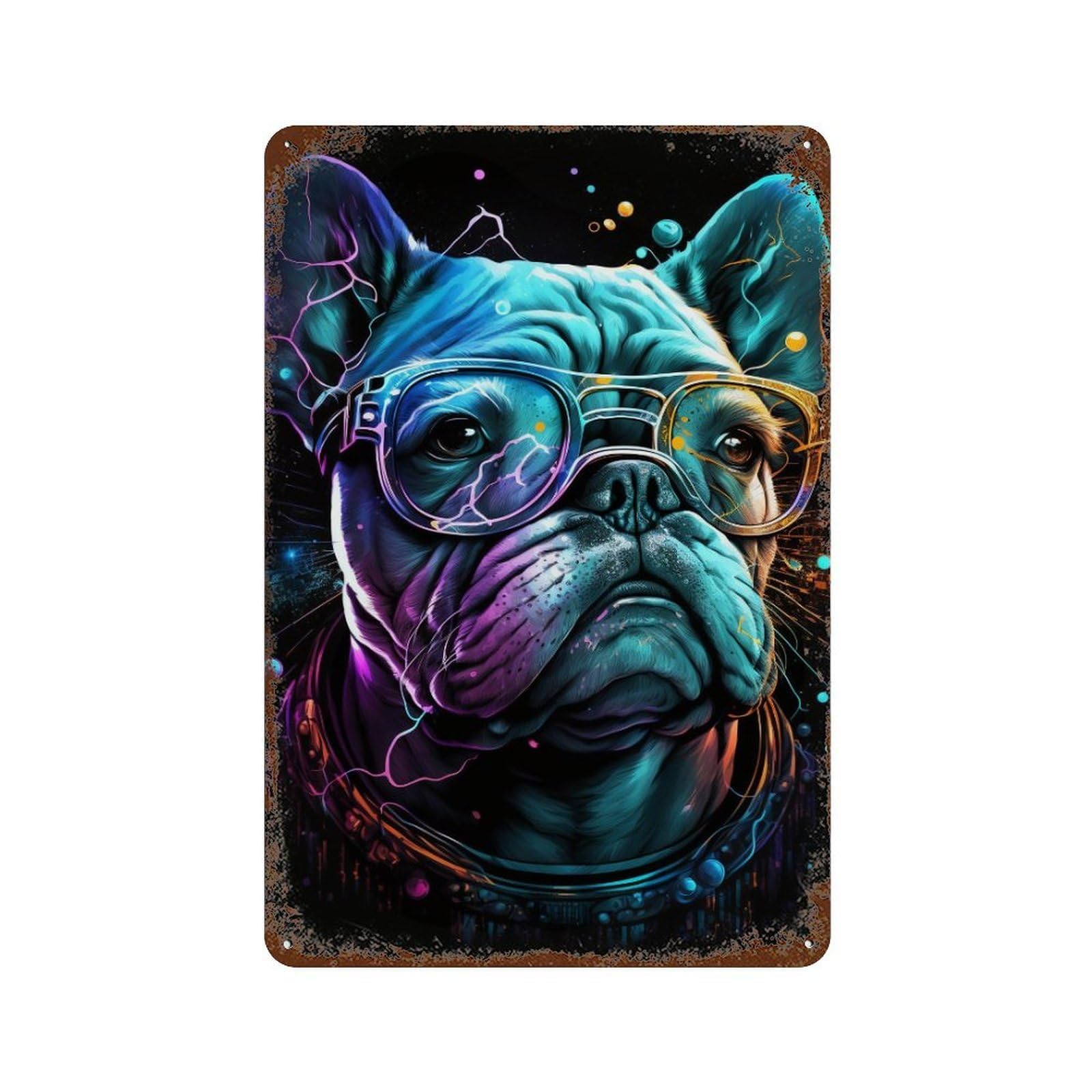 Neon Bulldog Glasses Art Print Vintage Rust Metal Sign 11.8"x7.9", Ideal for Cafe, Home Bar And Lounge Decor