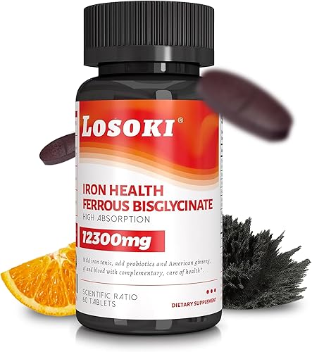 Losoki Bisglicinato de hierro de 20 mg con vitamina C, ginseng americano B12 y probióticos, suave para el estómago, apoya la deficiencia de energía