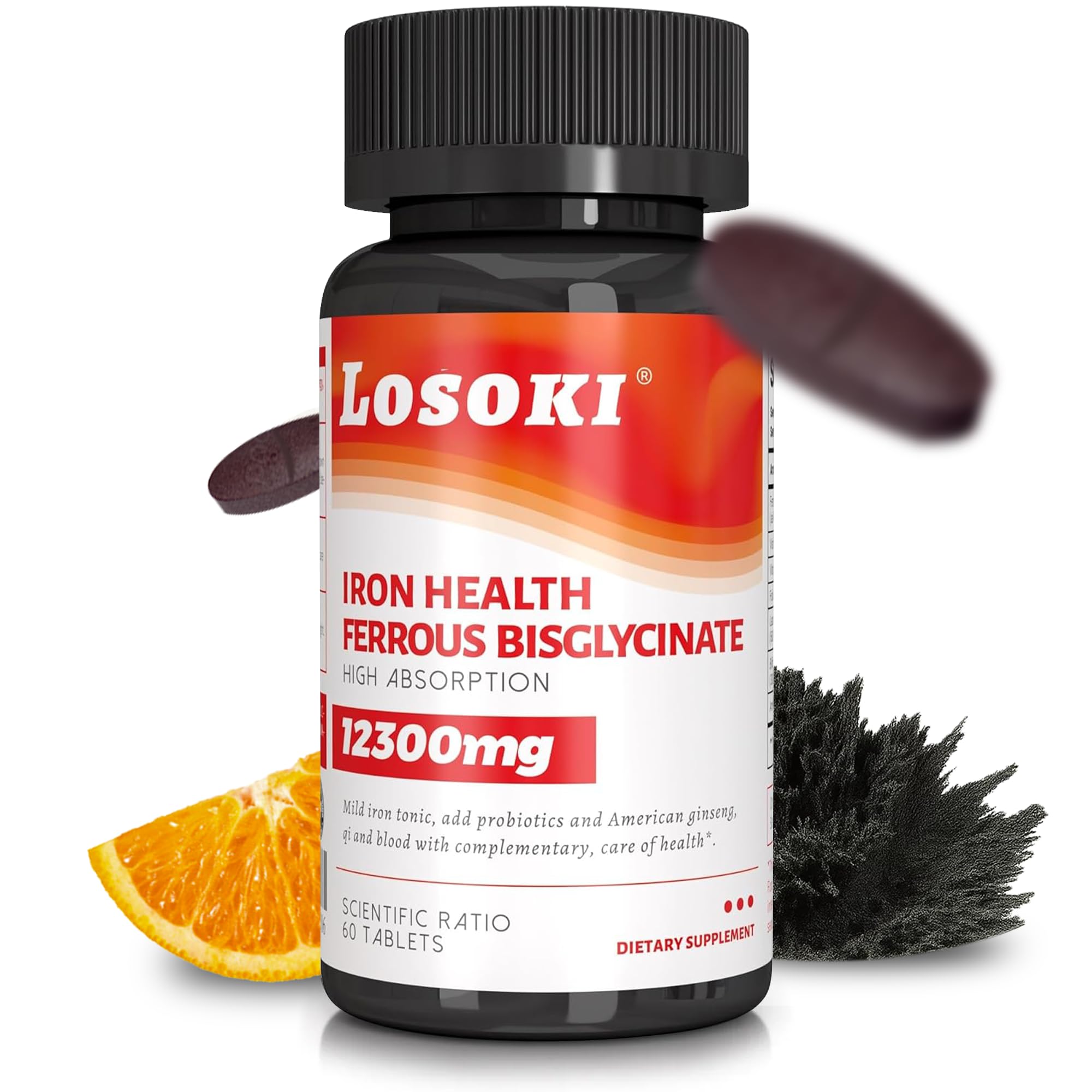 Losoki Iron Bisglycinate 20 mg with Vitamin C, B12 American Ginseng & Probiotics, Gentle on The Stomach， Supports Energy & Iron Deficiency - Non GMO, 60 Tablets