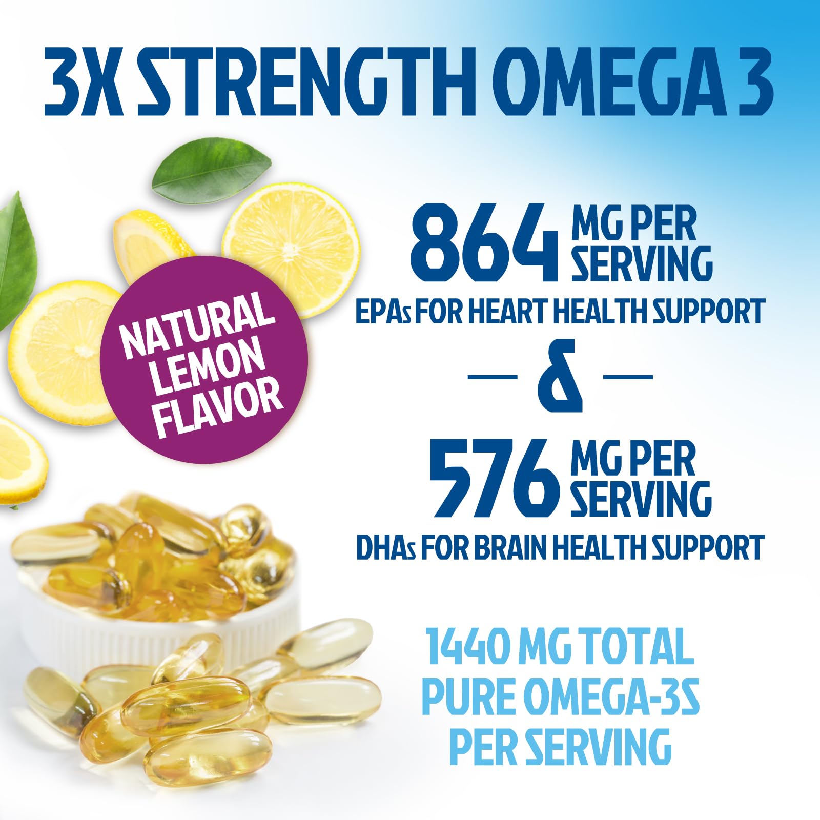 Omega 3 Fish Oil 2400mg - Triple Strength Daily Omega-3 Supplement with EPA & DHA - Natural Heart, Brain & Immune Support - Wild Caught Omega3 Fatty Acids - Gluten Free & Bottled in USA - 180 Softgels — Amazon image 6