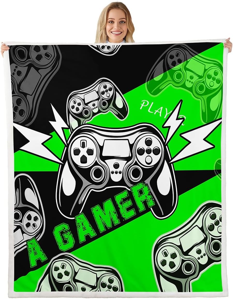 Erosebridal Gaming Throw Blanket for Boys Gamer Fleece Blanket for Bed Sofa Couch,Video Games Blanket for Kids Girls Boys Bedroom Decor,Black Green Gamepad Gaming Sherpa Blanket 50"x60"