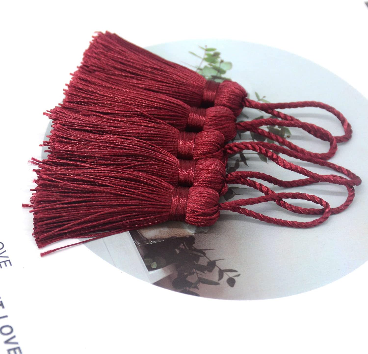 Makhry 20pcs 4.3 Inch Handmade Silky Floss Mini Tiny Craft Tassels with 2-Inch Cord Loop and Small Chinese Knot for Earrings, Souvenir, Bookmarks, DIY Craft Accessory,Tags (#4Wine Red)
