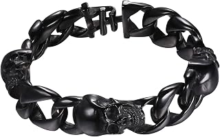 Bracciale Uomo Fascia Scheletro Teschio Cranio, Acciaio Inossidabile/Placcato Oro 18K, Braccialetto Grande Grosso, Stile Gotico Punk Rock Hip Hop, Argento Nero Oro, con Confezione, Regalo Natale