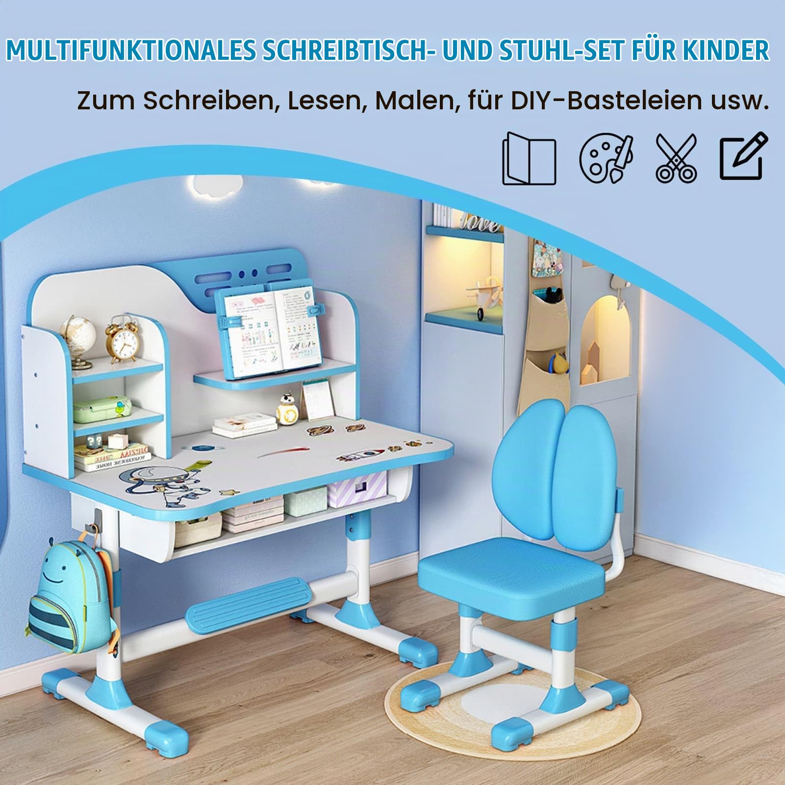 Höhenverstellbarer Kinderschreibtisch und Stuhl Set ab 3 Jahren, Schreibtisch Kinder mit Schublade und Bücherregalen, Kinder Schreibtisch für Hausaufgaben, Malen und Bastelarbeiten (Blau 5)