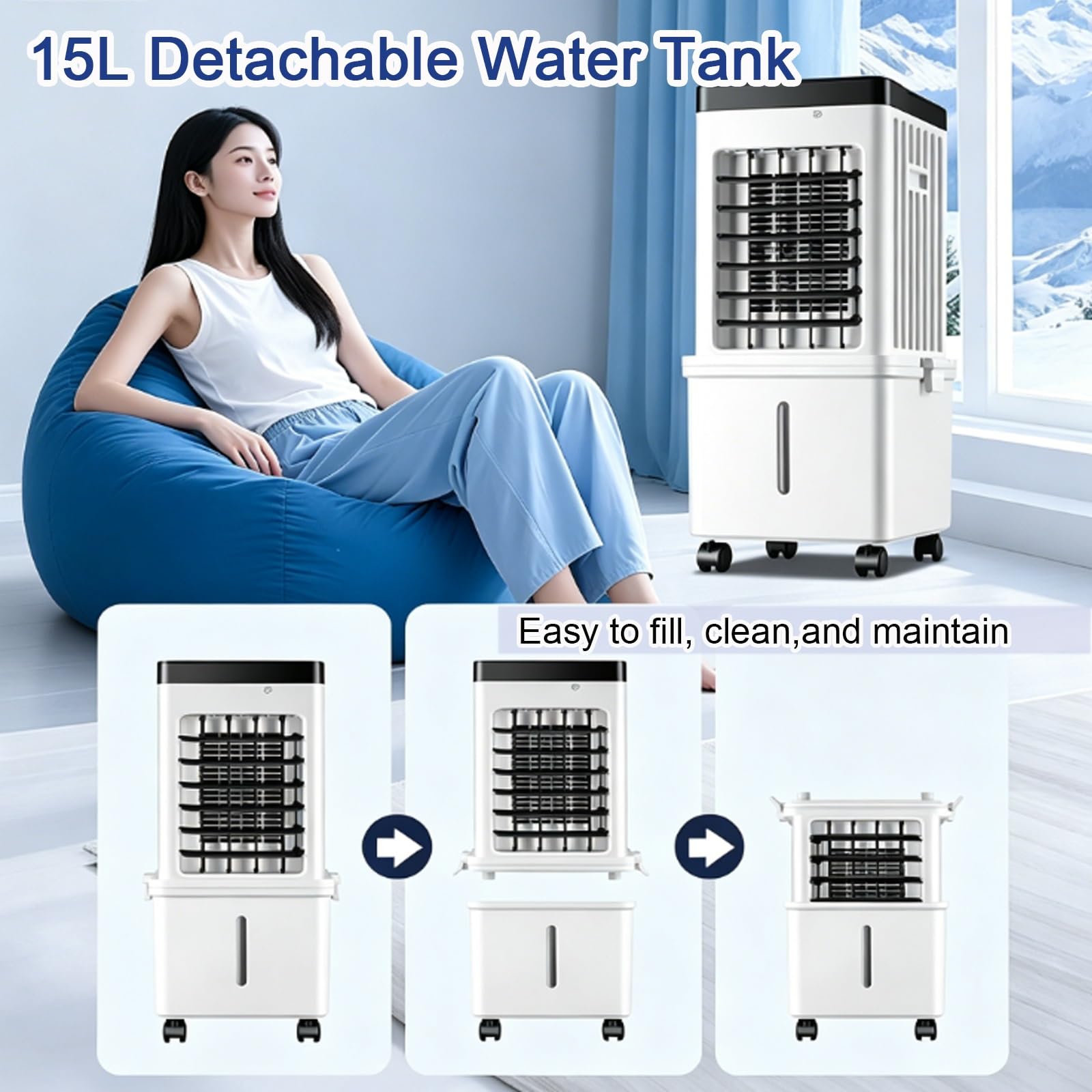 Enfriador de Aire con Control Remoto, 15 L Depósito de Agua Extraíble, 3 Velocidades, Oscilación de 90°, Enfriador Evaporativo para Dormitorios y Habitaciones