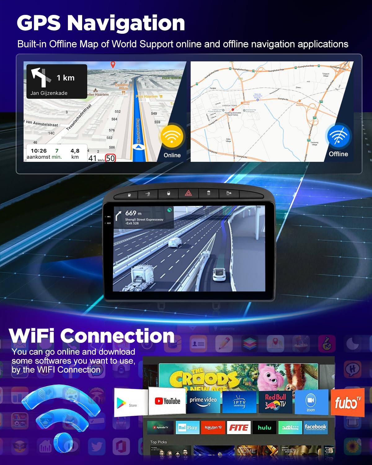 NHOPEEW Autoradio 4+64G Android pour Peugeot 308/408 2007-2013 avec Carplay sans Fil et Android Auto - Écran incell 9 Pouces Prise en Charge WiFi GPS Commandes au Volant + Caméra de recul, Canbus