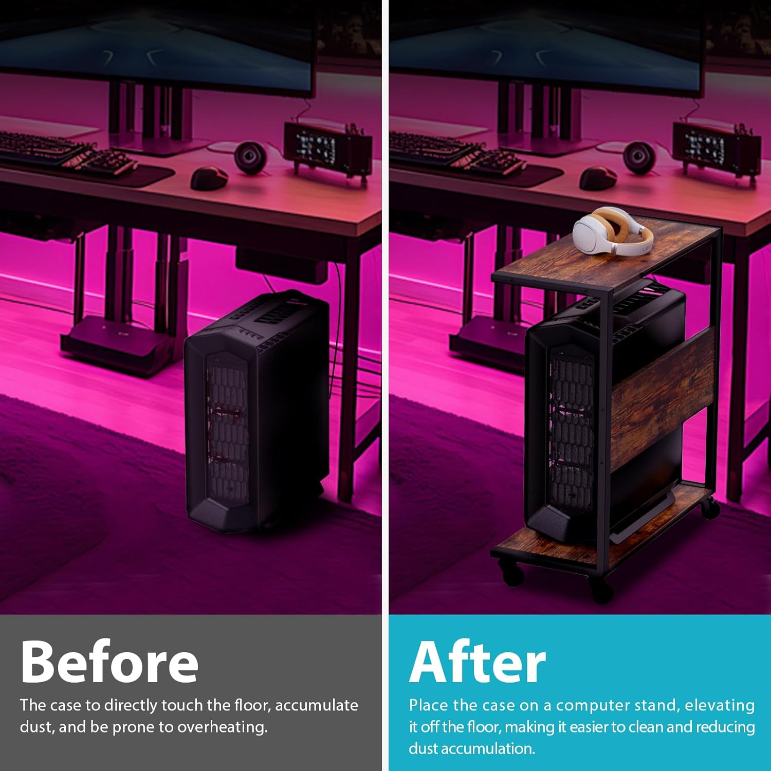 Computer Tower Stand, 2-Tier Large ATX-Case Sotrage CPU Holder Cart Under Desk, C-Shape Tall Trolley for PC Tower, Wooden Mobile PC Standing Table with Wheels for Home/Office, Walnut