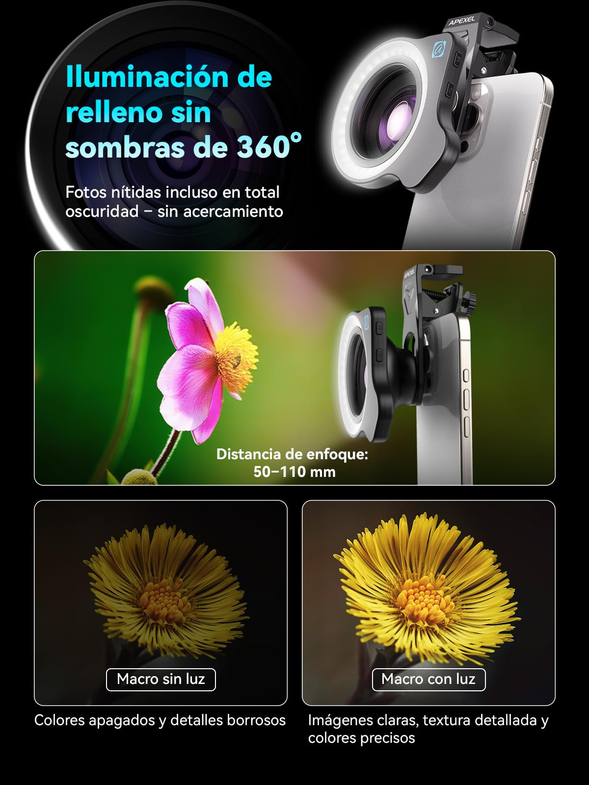 APEXEL 100Ultra - Lente teléfono móvil con luz de Anillo, versión Mejorada del Lentes Macro para Samsung,iPhone,Pixel