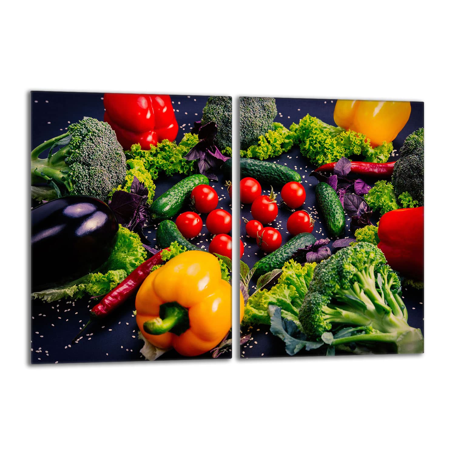 Herdabdeckplatten Set 2x40x52 cm Ceranfeld Abdeckung Glas Spritzschutz Abdeckplatte Glasplatte Herd Ceranfeldabdeckung Deko Gemüse Bunt Gehärtetes Glas 4mm