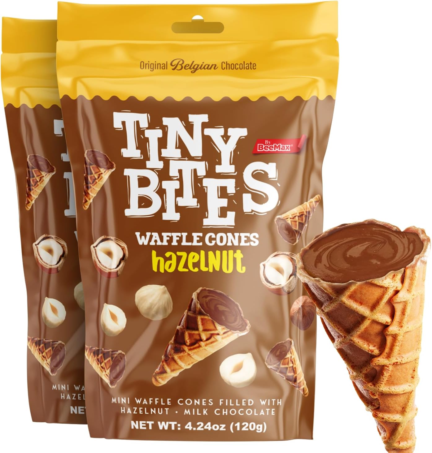 BEEMAX Tiny Bites Hazelnut Mini Waffle Cones, Perfect Blend of Crispy Filled with Milk Chocolate, Bite-Sized Snack for Dessert or Ice Cream Toppings, 4.24 oz Bag, 2-Pack