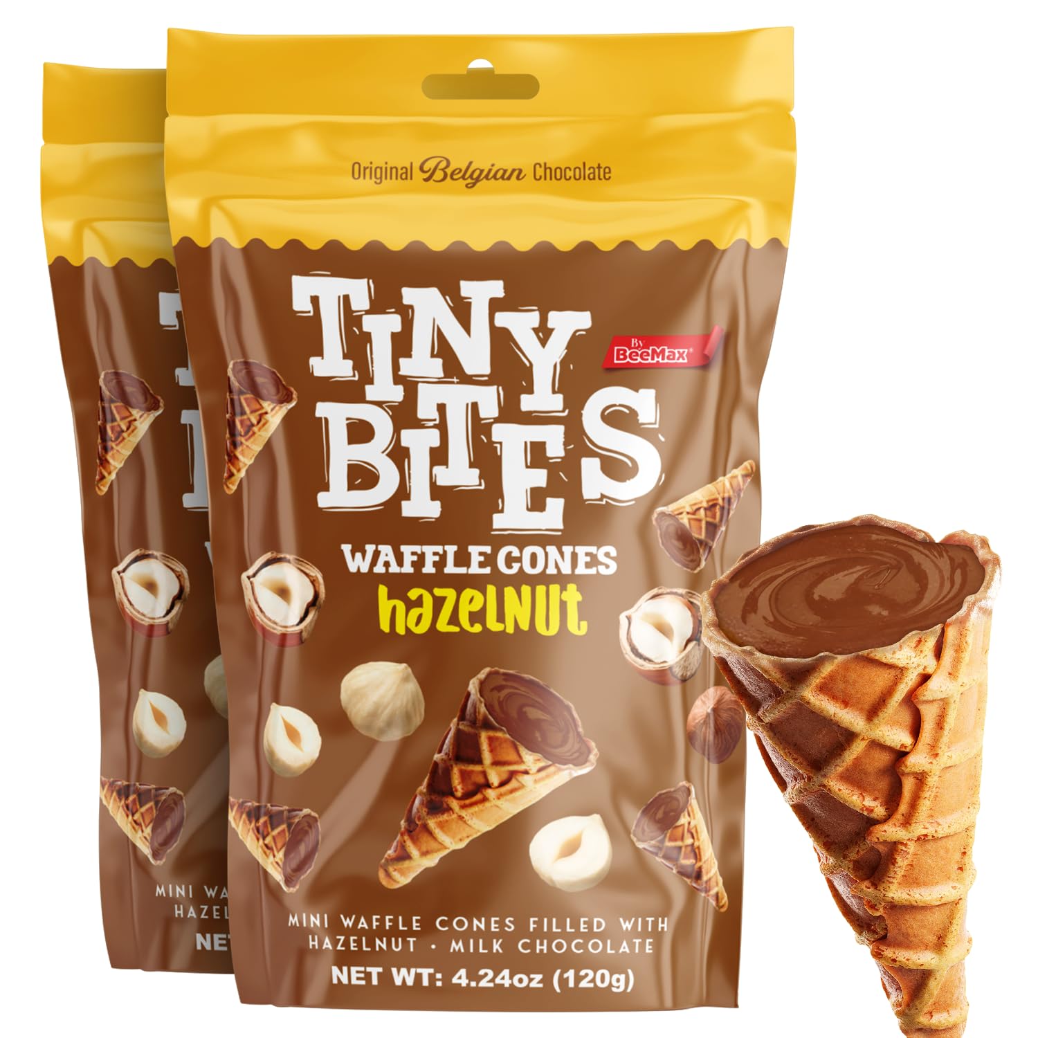 Tiny Bites - Crispy Mini Waffle Cones Treats - Premium Belgian Chocolate, 4.24 oz Bag (Pack of 2) - Delicious Variety of Flavors, Perfect Snack, Dessert, or Ice Cream Topping (2 Pack, Hazelnut)