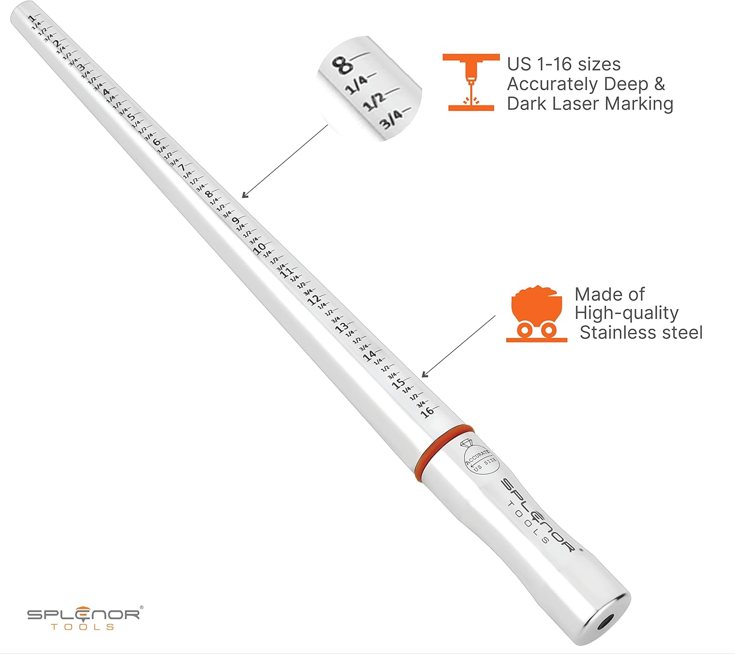 Splenor Tools 13" Solid Stainless Steel Grooved Ring Mandrel - for Measuring & Forming Rings - Jewelry Making Tool - Ring Sizer - Size (US 1-16)
