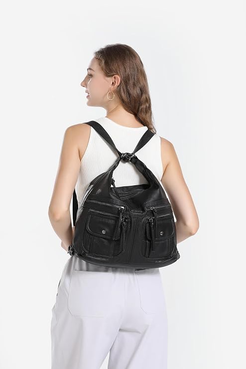 BARCELONA 21K Wash Leather Both Back and Shoulder Women's Bag 1925-6 Black