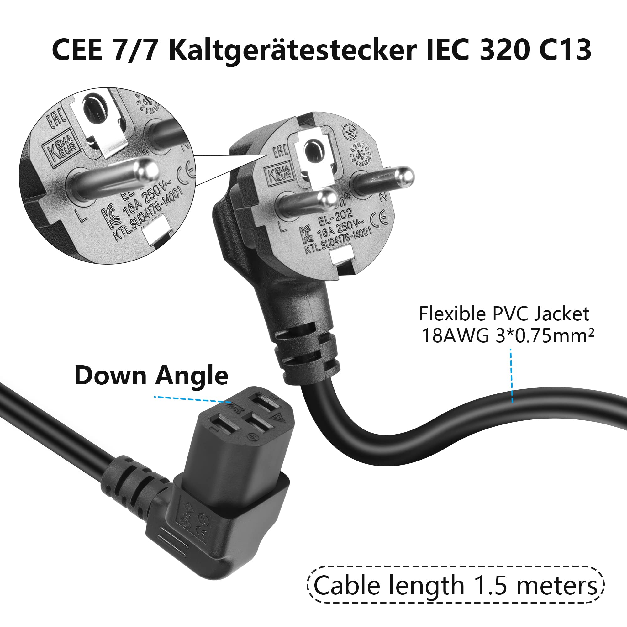 GELRHONR Kabel Zasilający 1,5 m 3-Pinowy, 90 Stopni CEE 7/7 Na IEC C13, Z Zestykiem Ochronnym Kątowym Do Gniazda Urządzenia Zimnego