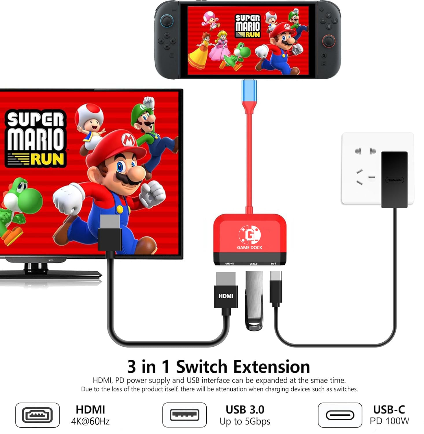 Mini station d'accueil 3 en 1 pour Nintendo Switch/OLED – Station d'accueil de voyage portable avec HDMI 4K, USB 3.0, USB C PD 100 W de charge